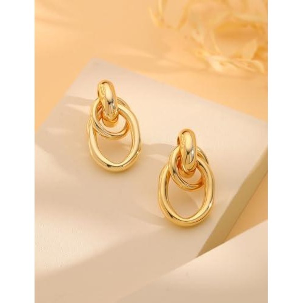 Gold‎ Interlocking Double Oval Hoop Drop Earrings Polished Chunky